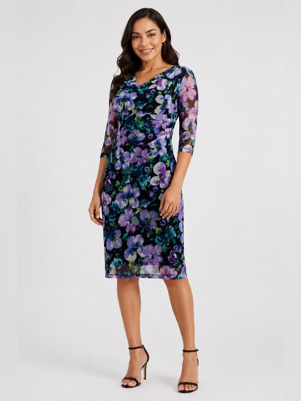 Connected Apparel Floral Printed Mesh 3/4-Sleeve Sheath Dress NWT